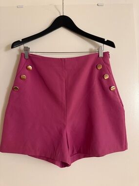 High-Waist Magenta Women’s Shorts with Gold Buttons